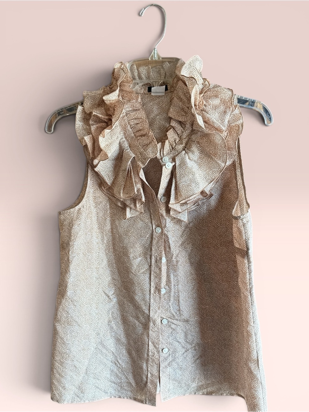 J. Crew Sleeveless Ruffled Button-Down Top - Beige- herringbone design 100% silk